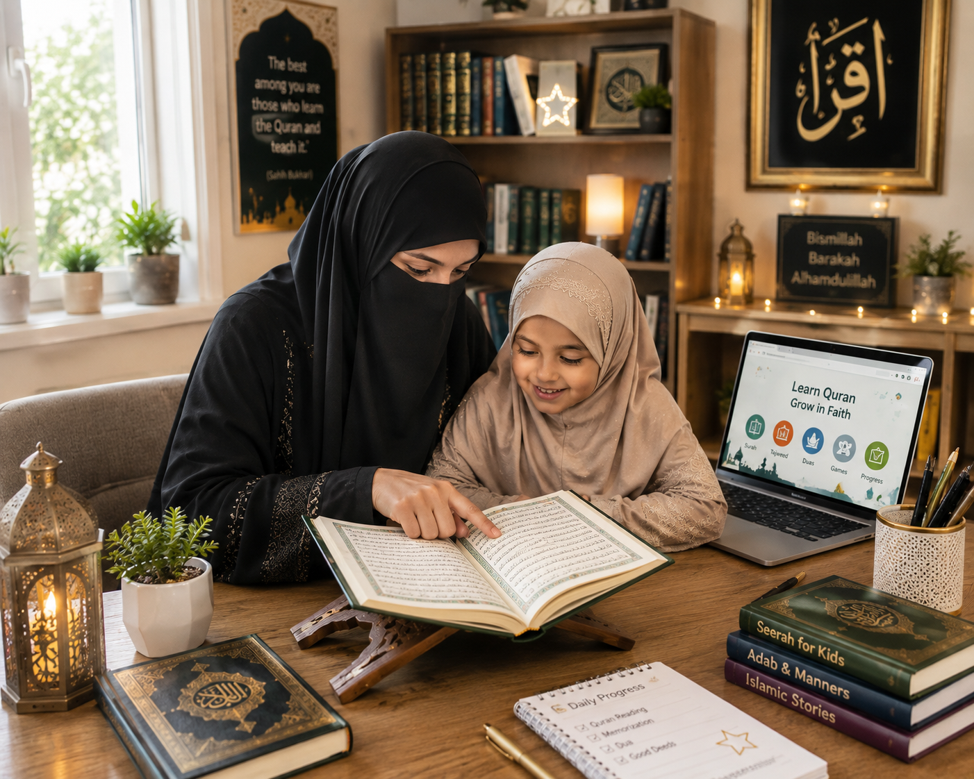 Hijabi Muslim female teacher guiding a young girl in Quran recitation