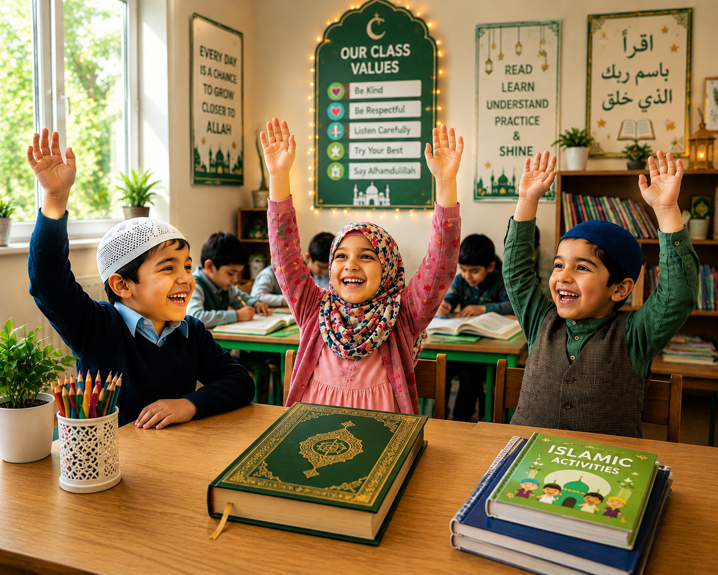 Muslim children joyfully learning Quran together