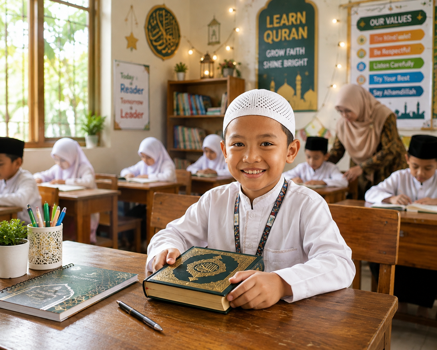 Young Muslim boy happily reading the Holy Quran